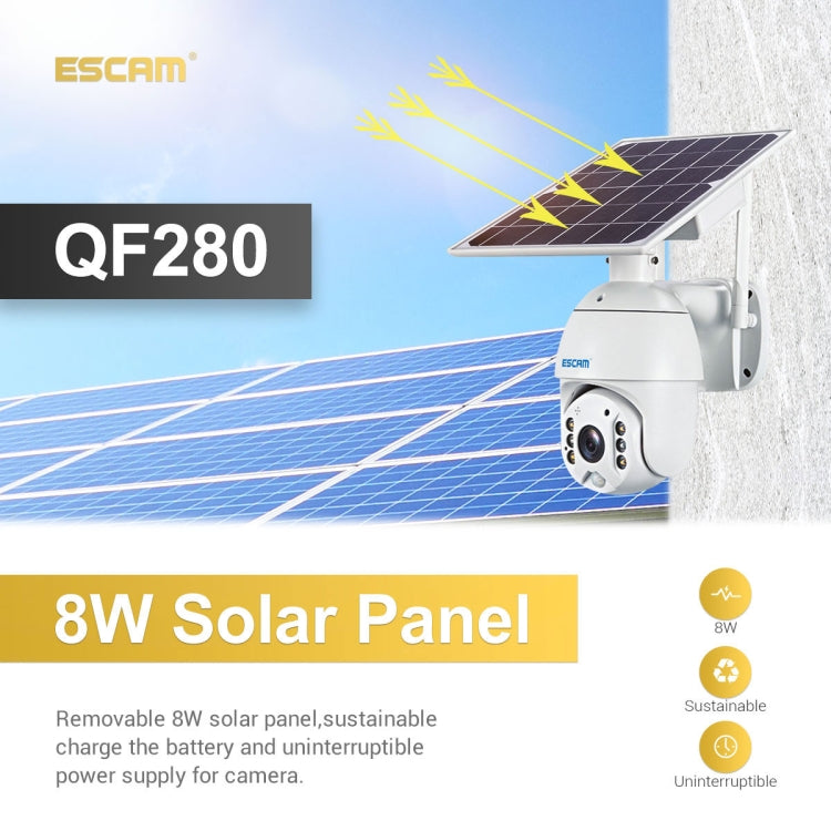 ESCAM QF280 HD 1080P IP66 Waterproof WiFi Solar Panel PT IP Camera without Battery, Support Night Vision / Motion Detection / TF Card / Two Way Audio, without Battery ESCAM QF280 HD 1080P IP66 Waterproof WiFi Solar Panel PT IP Camera without Battery, Support Night Vision / Motion Detection / TF Card / Two Way Audio, without Battery